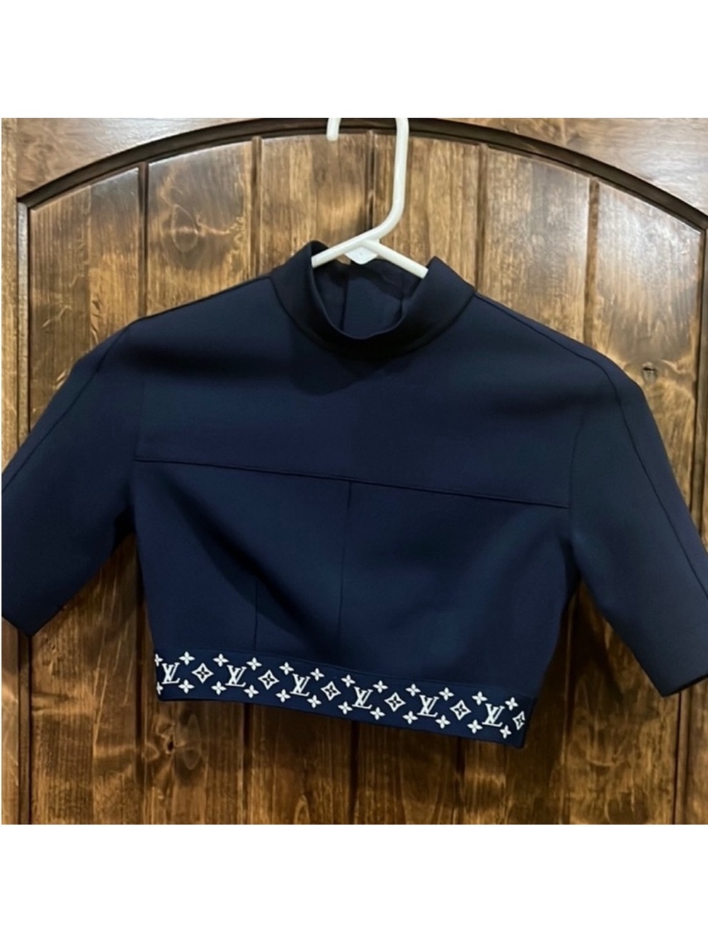 Louis Vuitton Navy Cropped Mock Neck Top with Monogram Hem